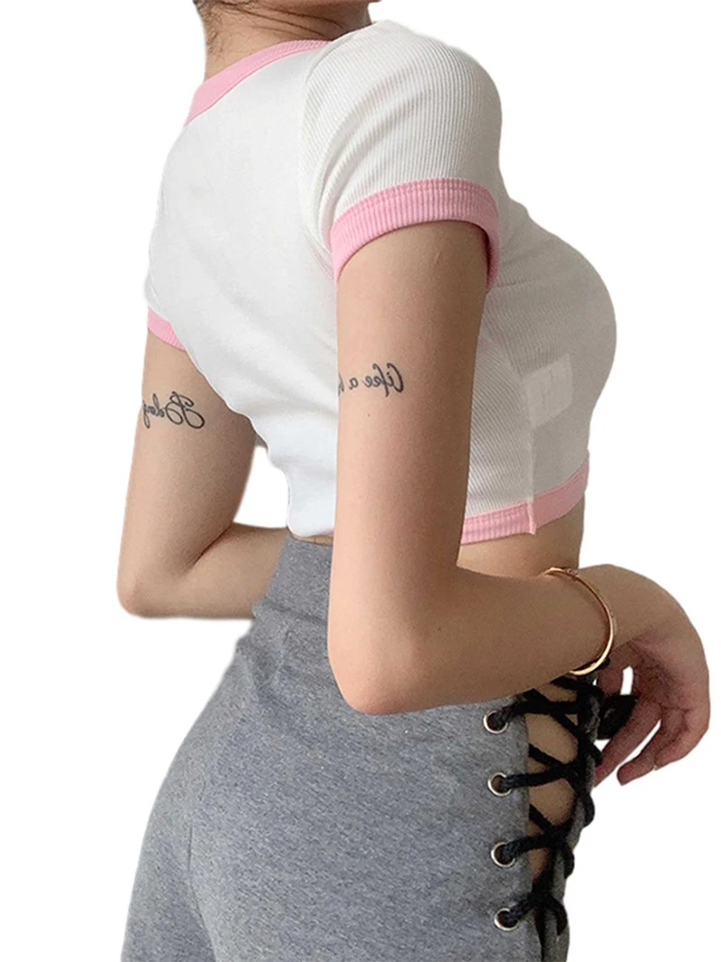 

Kayotuas Women T-Shirt Summer Cartoon Dog Letter Embroidery Print Casual Hot Sale Short Slim Fit Fashion Tops