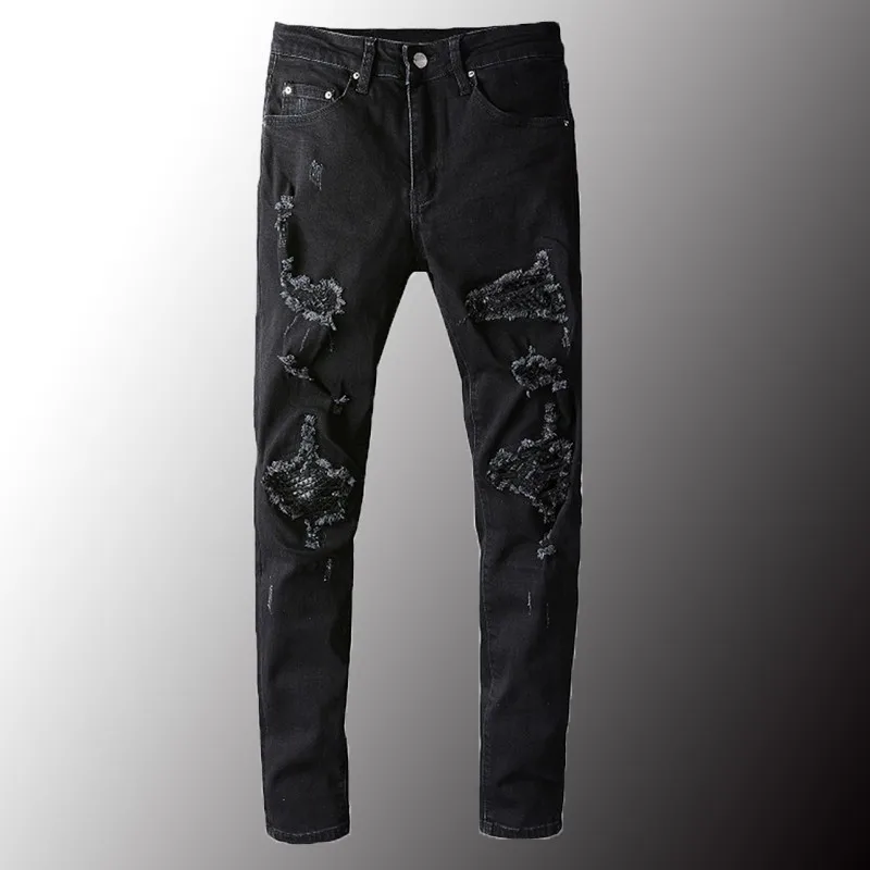 

Мужские рваные джинсы в стиле пэчворк, черные облегающие Стрейчевые брюки из джинсовой ткани в уличном стиле, большие размеры 40, 2021