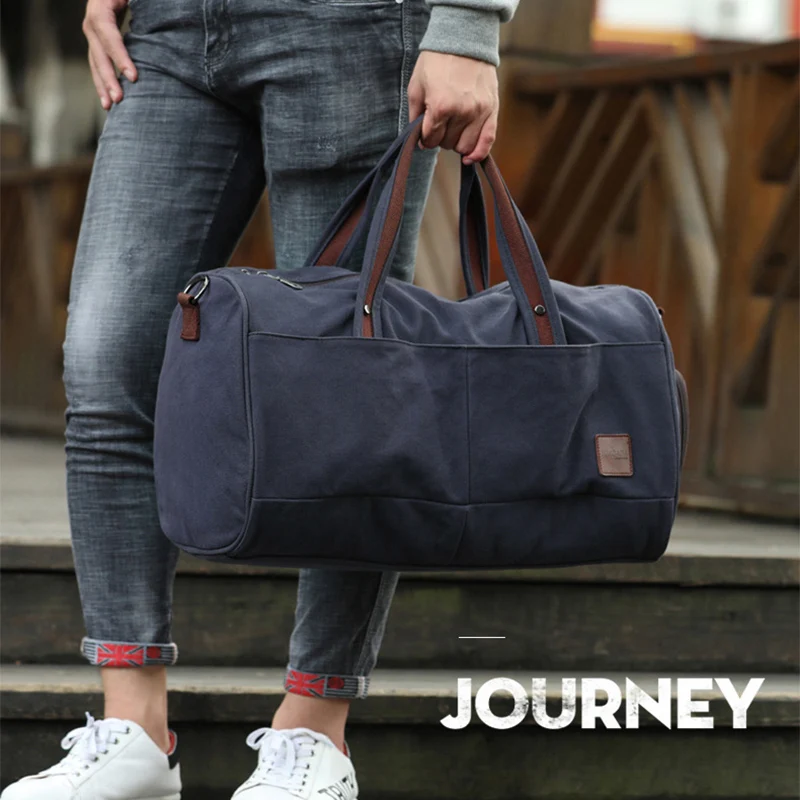 New Unisex Canvas Travel Bags Large Capacity Handbag Fitness Sports Shoulder Bag With Shoes Pocket Luggage Bag Black Khaki XA30M