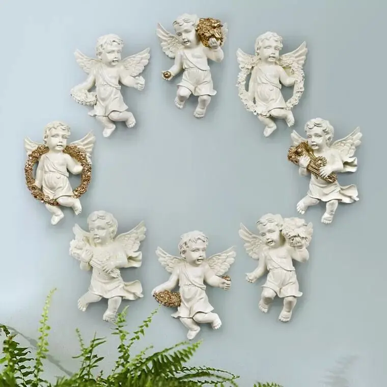 

Set of 4 Cherub 3D Wall Hanging Statues, Angel Sculptures, Polyresin Figurines Two Tone Stone 4 Pcs