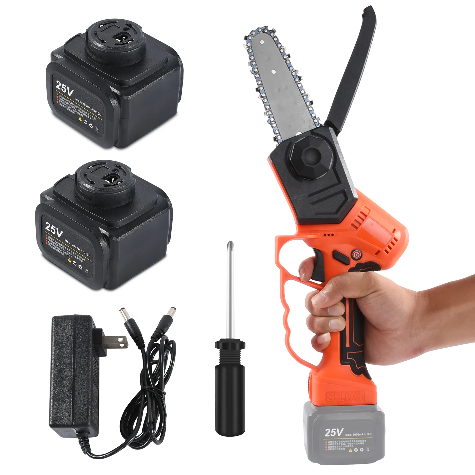 25V Rechargeable Chainsaw Logging Pruning Tool High-power Mini Chainsaw Stepless Speed Regulation with Two Lithium Batteries