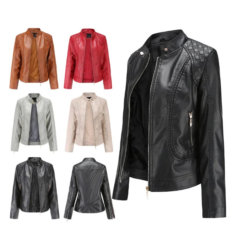 

2021 Leather Jacket Women Zippers Spring Autumn Women's PU Leather Jacket Mandarin Collar Red Motor Biker Coat Female Oversized