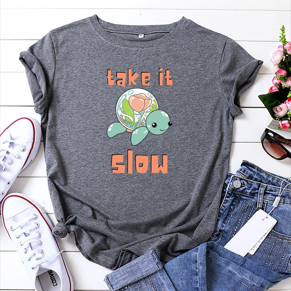 

Take It Slow Letter Print Summer Oversized 5XL Womens Tshirts Cute Turtle Flowers Graphic Harajuku T shirt Female Vintage Shirt