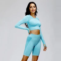 seamless yoga set workout clothing women sportswear long sleeve crop top t shirt high waist gym shorts 2 pcs sports suits