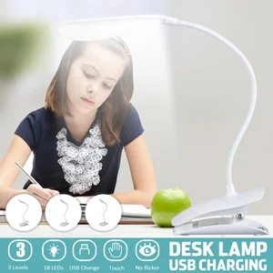 Светодиодная настольная лампа с сенсорным зажимом, светильник для учебы с регулируемой яркостью, с 3 режимами работы, настольный USB-светильн...