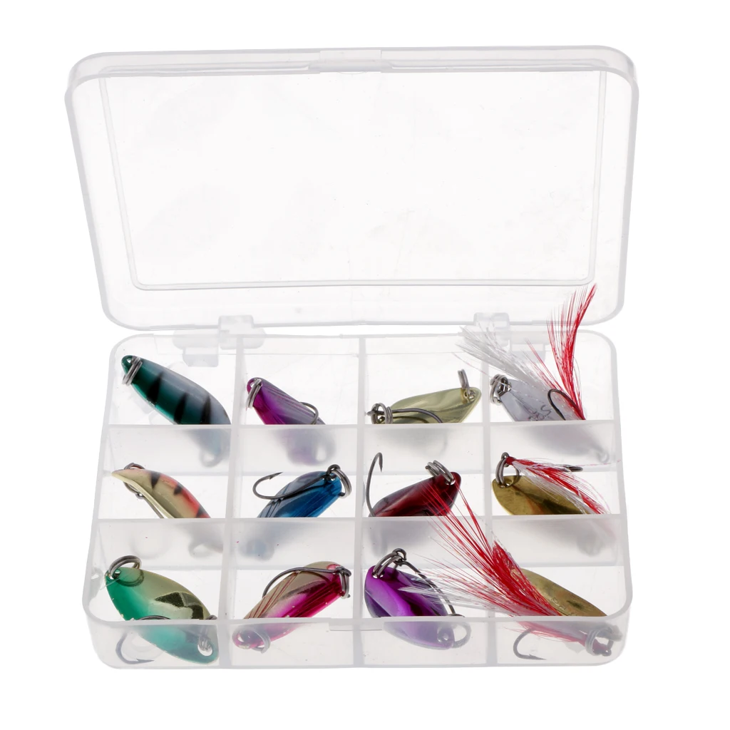 12 шт. Спиннер ложка рыболовные басы приманки металлические Блестки Перо Крючки