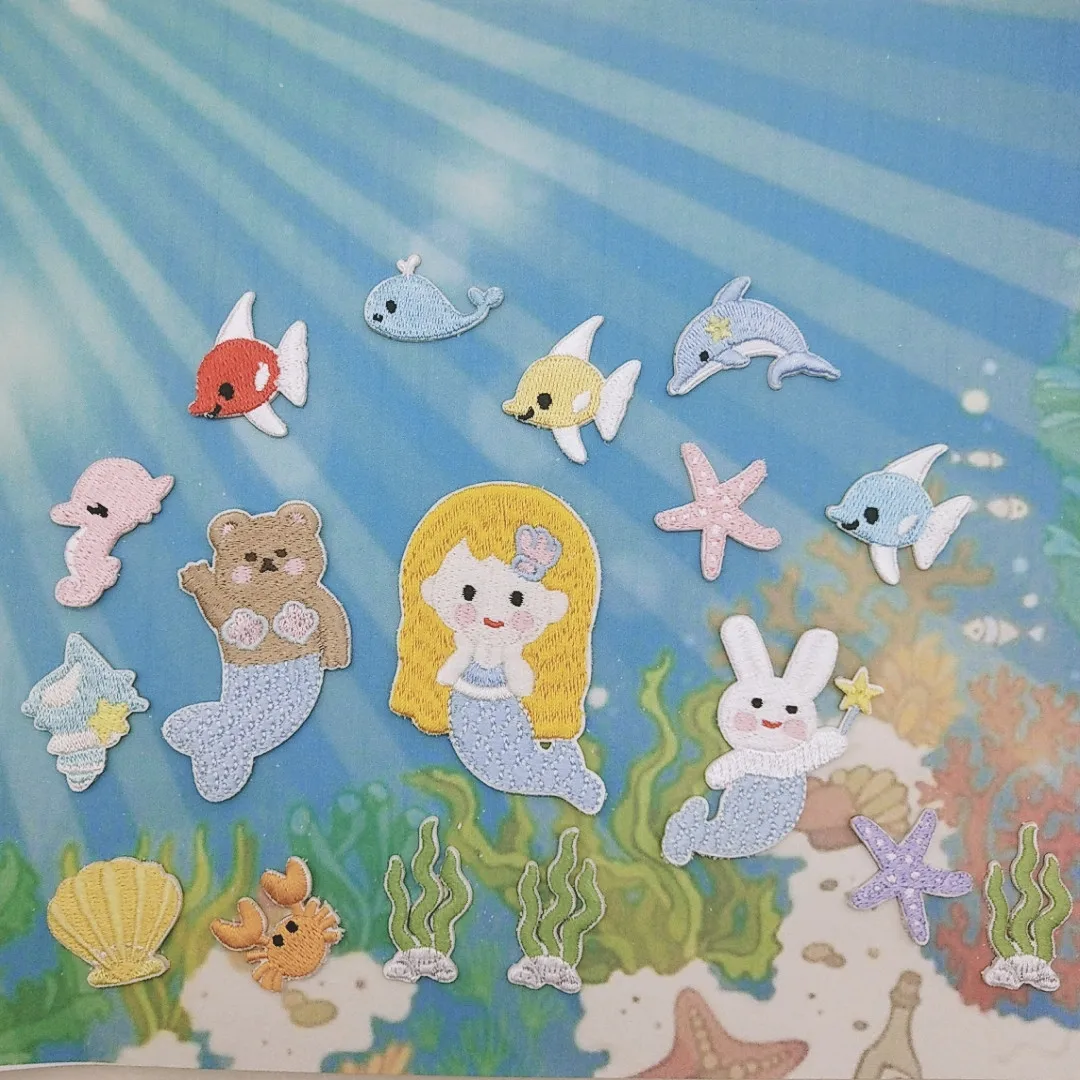 

New Ocean Series Mermaid Embroidered Cloth Stickers Bear and Bunny Appliques Bags Shoes Clothes Creative Self-adhesive