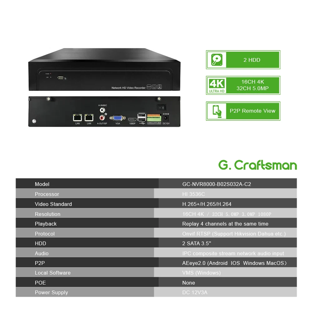 16CH 4K 32CH 5MP H.265 NVR 485 внешняя сигнализация сетевой видеорегистратор 2 HDD Onvif P2P для ip-камеры системы безопасности G. Ccraftsman