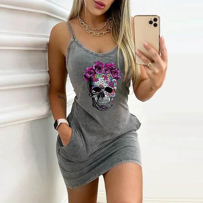 

Women Fashion Letter Printed Dress Sexy Sleeveless Pocket Straps Party Dresses O-Neck Backless Female Casual Slim Mini Dress