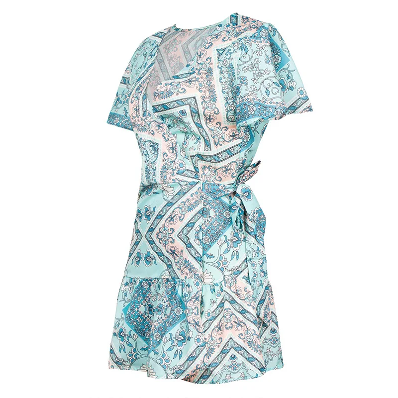 

Floral Print Mini Dress Women Summer Sexy V Neck Ruffles Sleeve Lace Up Bohemian Beach Dress Sundress Casual Slim Dresses Ladies