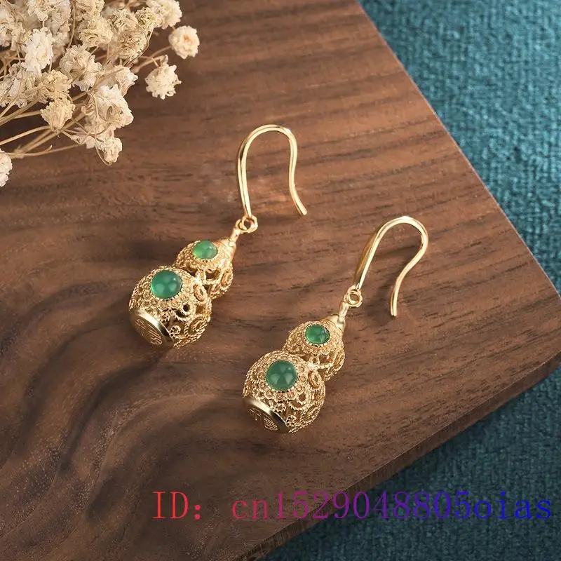 

Green Jade Gourd Earrings Jewelry Charm 925 Silver Chalcedony Gemstone Gifts Amulet Women Natural Crystal Zircon Fashion