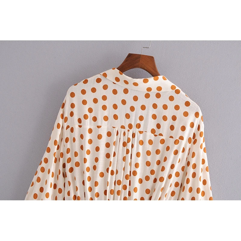 

YOSIBCD Women 2021 Fashion With Bow Tied Polka Dot Cropped Blouses Vintage Elastic Hem Button-up Female Shirts Chic Tops
