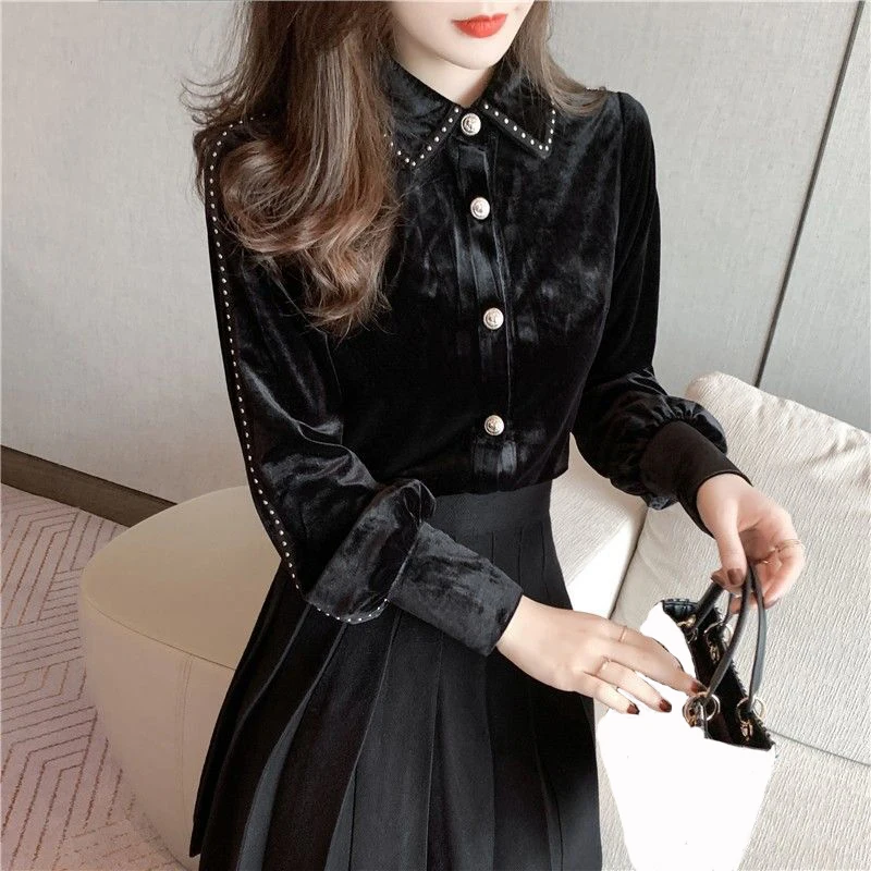

Women Pocket Blouse Vintage Turn-down Collar Long Sleeve Office Shirt Loose Top