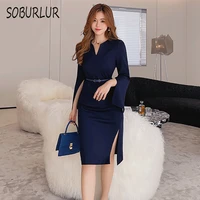 soburlur 2022 new chic womens mini dresses chic split bag hip midi dress casual elegant korean sytle blue robe send belt female