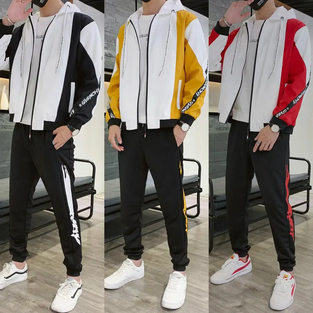 

Костюм спортивный мужской с капюшоном, роскошная одежда для бега и фитнеса, куртка с длинным рукавом, спортивный костюм в стиле пэчворк, ком...