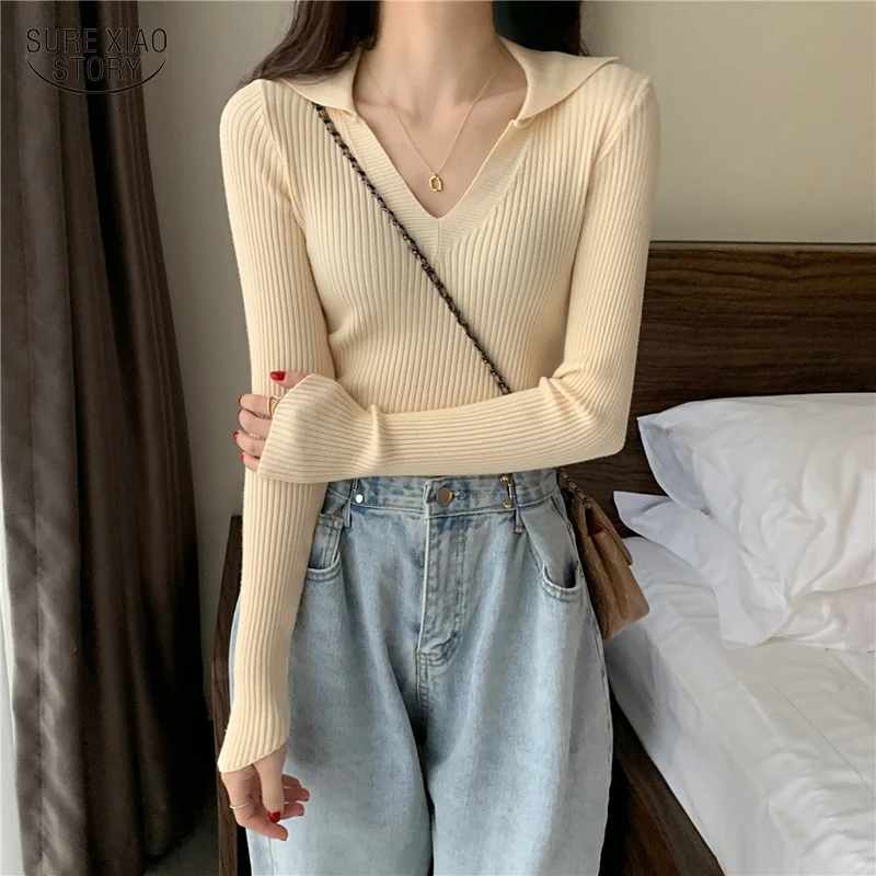 

Autumn Fashion V-neck Turn-down Collar Solid 12 Colors Sweater Chic Rainbow Long Sleeve Bottom Sweater Women Tops Pullover 17439