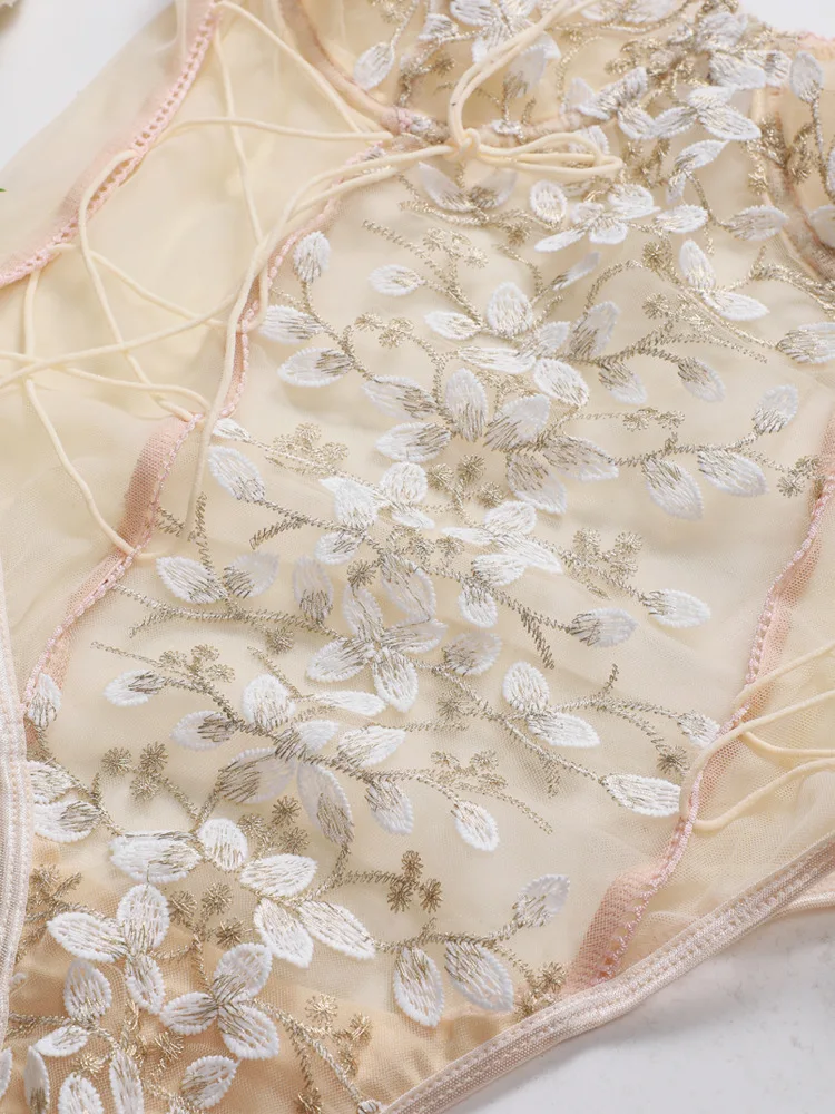 

2021 Hot Apricot 3D Flower Embroidery Hollow Out Lace Mesh Skinny Super Sexy Costumes Bodysuits Winter Base Jumpsuit Romper QAW7