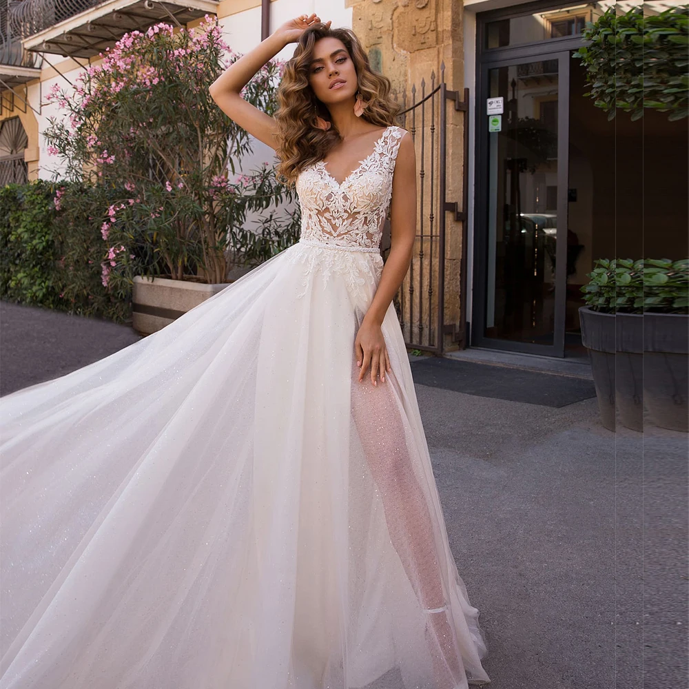Блестящие пляжные свадебные платья 2019 без рукавов v образный вырез тюль высокий