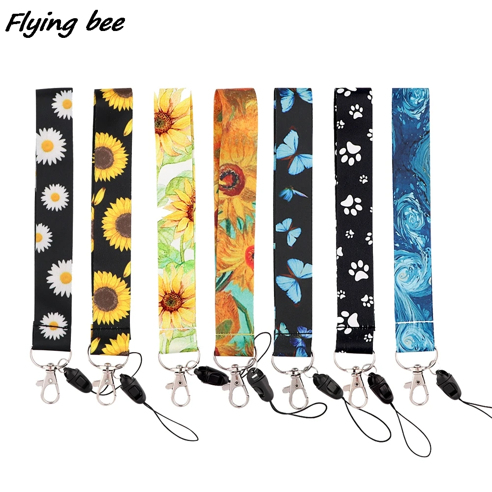 

X1913 Sunflowers Dog Paw Print Monarch Butterfly Painting Art Key Chain Lanyard Neck Strap For Phone Keys ID Card Short Lanyards
