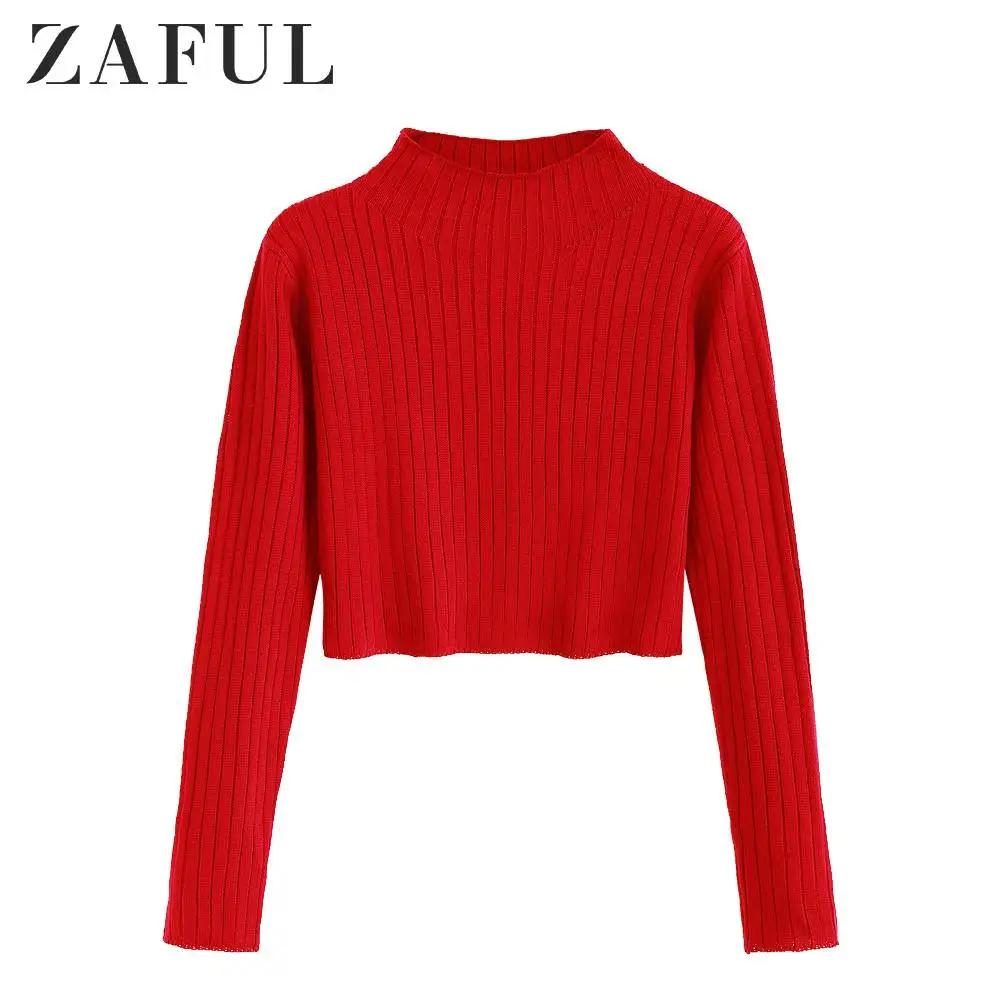 ZAFUL ребристый укороченный свитер с воротником и длинными рукавами Одноцветный