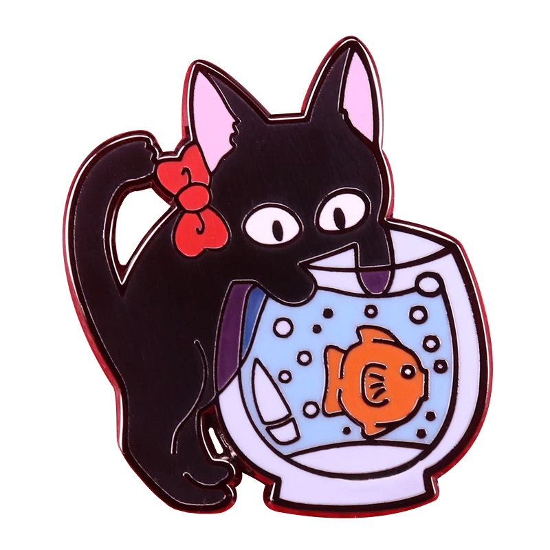 Эмалированная брошь с изображением черного кота лука рыбной чаши для наблюдения