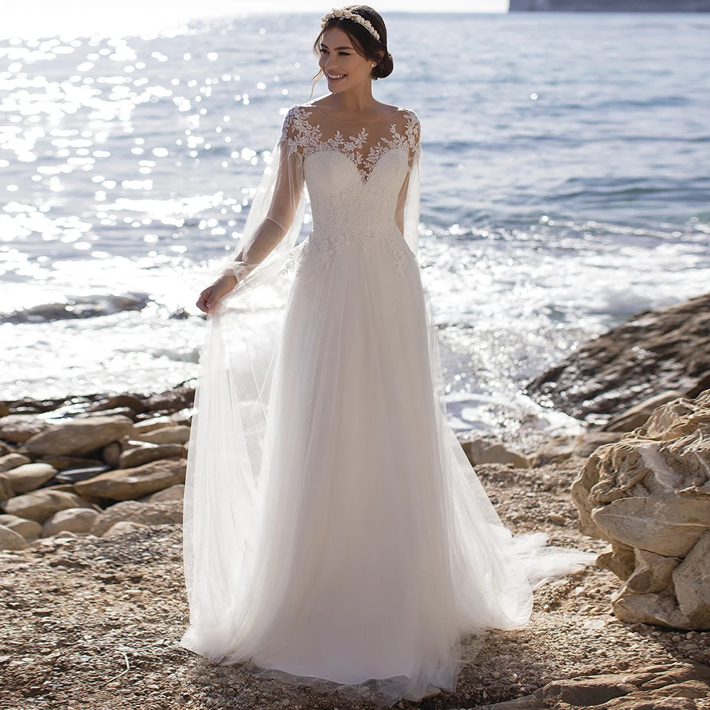 

A-Line Beach Tulle Wedding Dress Elegant O-Neck Lace Appliques Button Back Sweep Train Long Sleeve Bridal Gowns Vestido De Novia