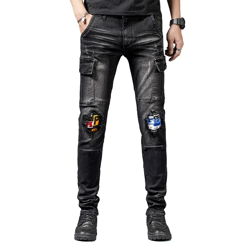 Men's Multi-Pocket Black Stretch Jeans Fashion Streetwear Denim Trousers Biker Male Casual Straight Slim Ripped Motorcycle Pants