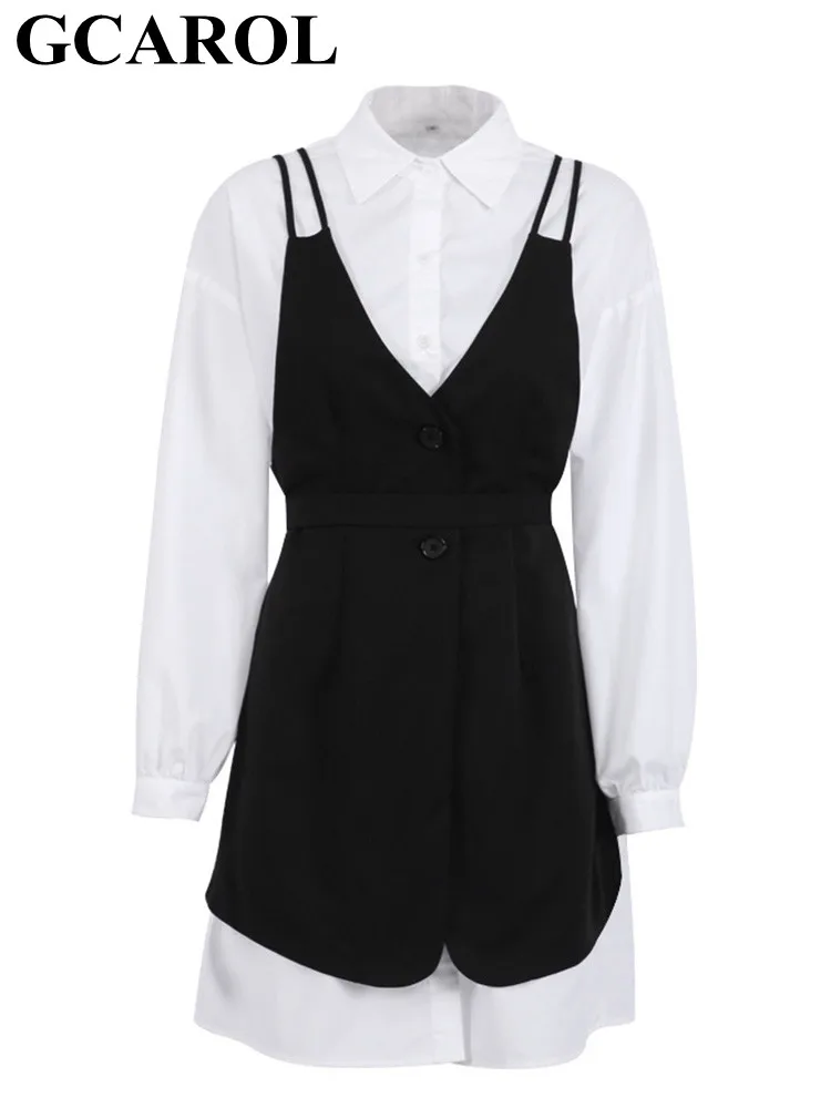

GCAROL 2022 Spring Women Shirt Vest Dress with Sashes 2 Pcs Sets Full Sleeve High Waist A-Line Chic 30% Cotton Dress Outfits