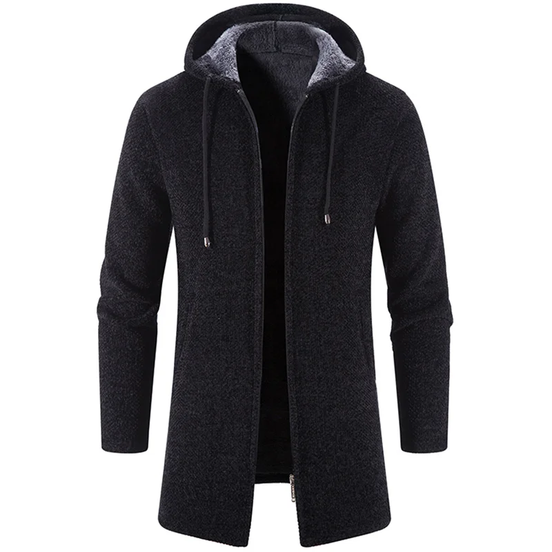Male Medium Long Coat Autumn Winter Warm Sweater Overcoat Men's Thick Fleece Hooded Cardigan Trend Fashion Handsome Parka