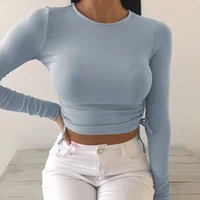 2021 spring autumn casual long sleeve t shirt o neck side drawstring ruched crop tops women clothing black white top tee shirt