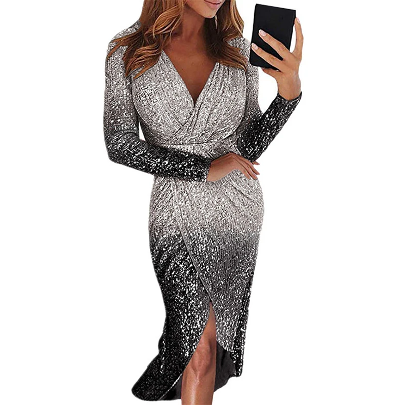 Women Front Split Dress Glitter Gradient V Neck Long Sleeve Elegant Dresses Female Club Party Night Robe Vestidos SJ5087F | Женская
