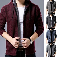 men autumn winter long sleeve plush liner zip pockets knitted hooded coat jacket