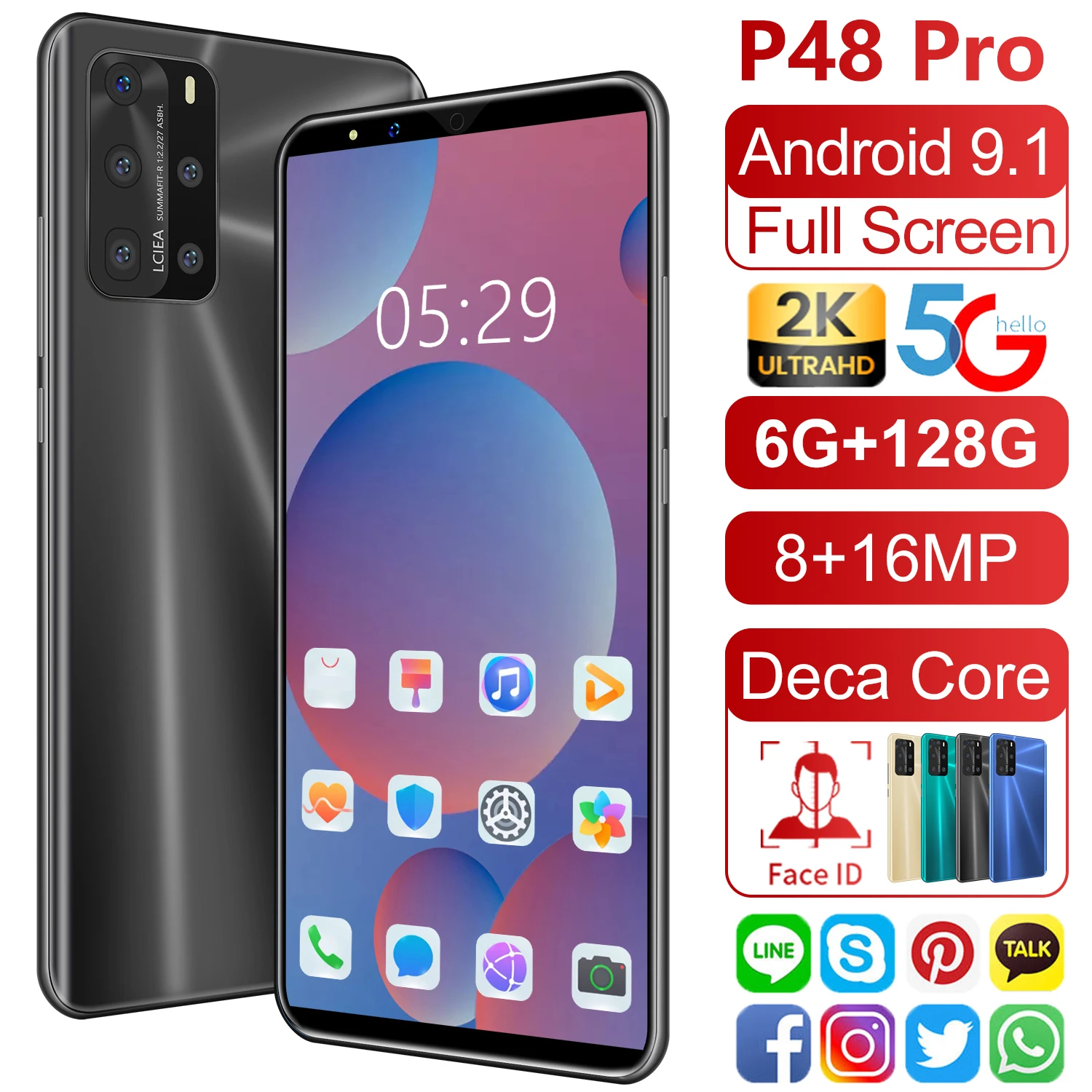 

Global edition new smartphone P48PRO- 5.8in large memory -128G 8MP+ 16MP 4G 5GMTK6889 Deca Core ten Core game student smartphone