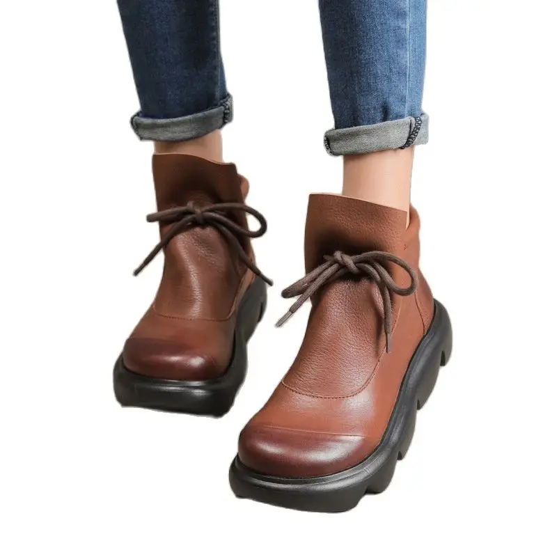 

208-2 Original Handmade Thick-Soled Leather Women's Ankle Boots Autumn and Winter Full Grain Cow Leather Lace-up Martens Boots