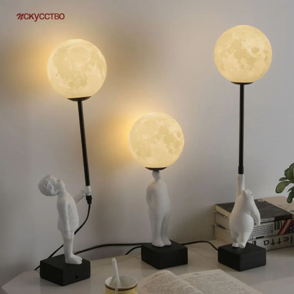 

Nordic Resin Bear Boys 3D Pla Moon Ball Led Table Lamp Children Bedroom Study Foyer Home Desktop Decoration Standing Night Light