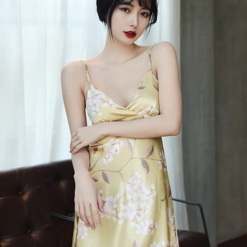 

Print Dot Spaghetti Strap Nightdress With Lace Women Nightgown Satin Faux Silk Sleepwear Soft Nightwear Summer New Home Clothes