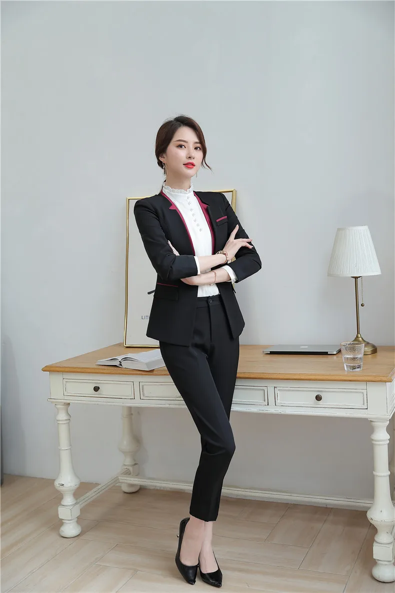 IZICFLY Spring Autumn Slim Ladies Suit with Pant Uniform Designs Two Piece Set Women Elegant Business Blazer and Trouser Black