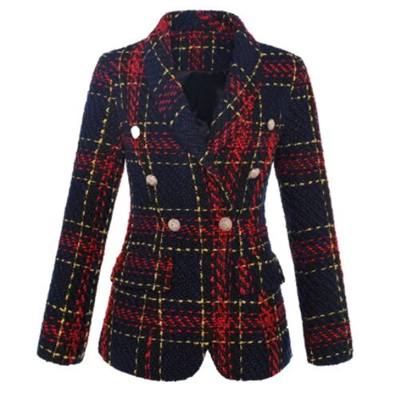 New women's blazer woolen coats line checkered woven tweed double-breasted suits black red splice color spring autumn Europe and