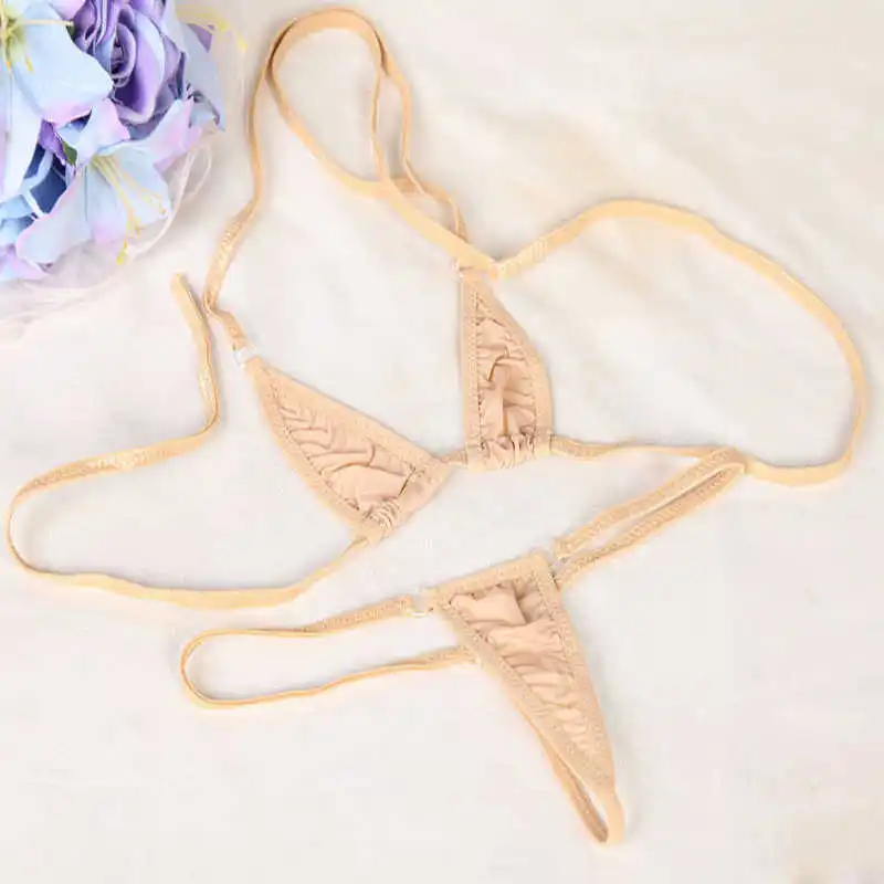 

Female erotic lingerie three-point ladies lace-up sexy underwear ice silk bikini perspective big bow-up bra thong set