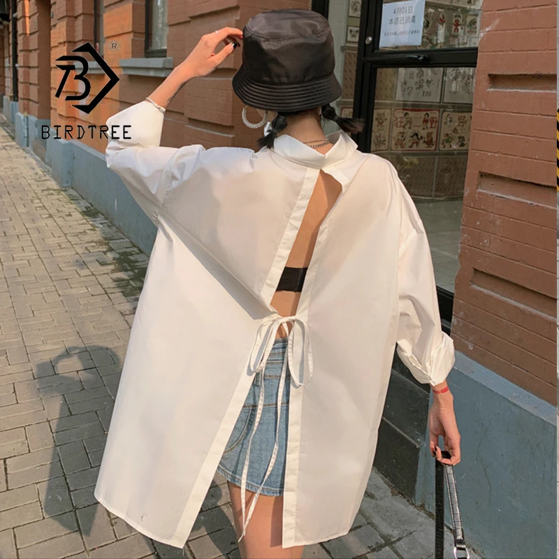 

Autumn New Arrival Women Oversized White Shirt Back Split Batwing Sleeve Blouse Office Lady Casual Tops Feminina Blusa T06613F