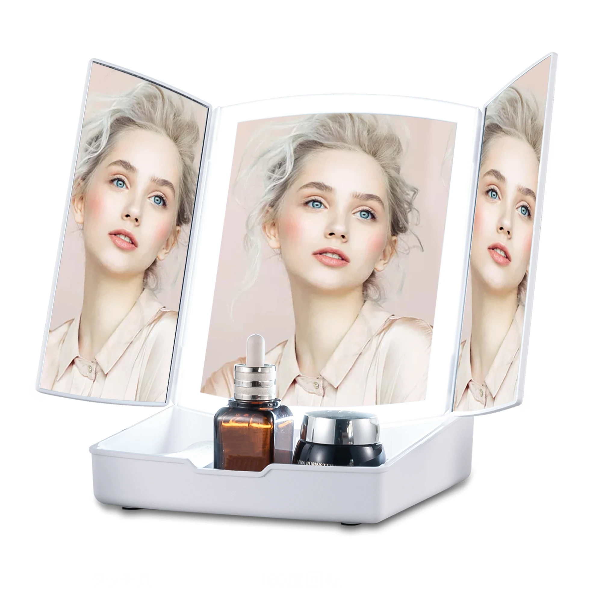 

LEDMakeup Mirror Vanity Mirror Storage Box Makeup Mirror with Lights Touch Screen and 1x/10x Magnification Dual Power Suppl