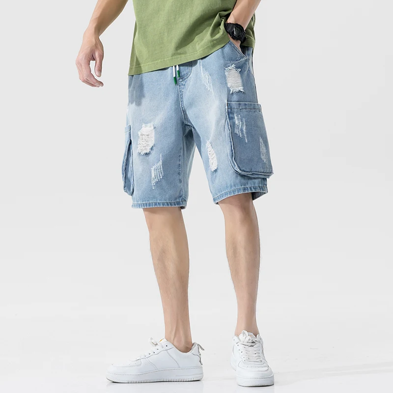 

Plus Size 5XL-M Summer Destroyed Denim Shorts Men Clothing 2021 Fashion Side Big Pockets Loose Casual Jeans Short Homme Blue Hot