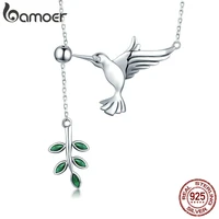 bamoer authentic 925 sterling silver spring bird tree leaf leaves dangle pendant necklace for women silver jewelry scn217
