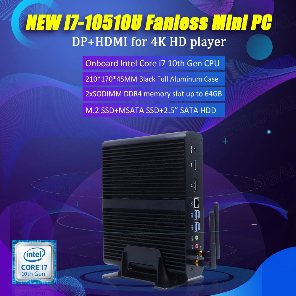Процессор Eglobal Fanless мини компьютер Intel i7 10510U 8565U 2 * DDR4 + M.2 SSD настольный WIFI Bluetooth HTPC VESA