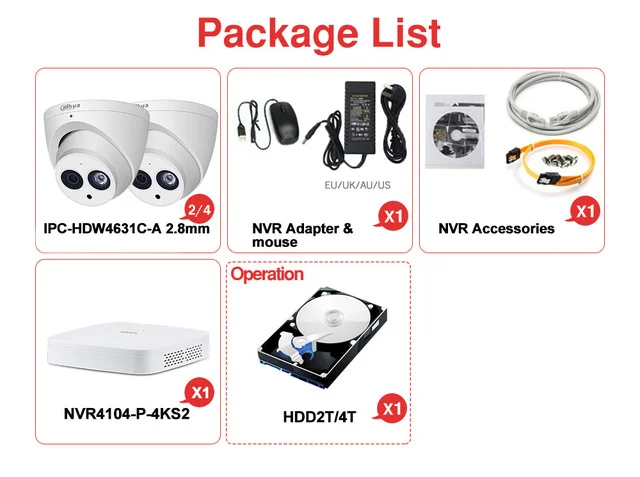 Сетевой видеорегистратор Dahua 4K наблюдения 4CH 8CH POE IP Камера комплект 6MP IPC HDW4631C A NVR4104