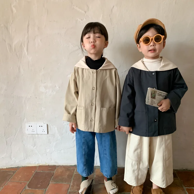 Children's Jacket 2021 Autumn New Korean Style Boys and Girls Plain Large Lapel Coat Solid Color Casual Top | Детская одежда и