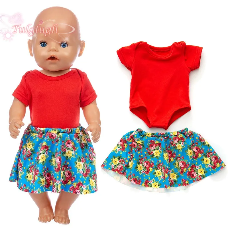 Красный цельный костюм с цветочной юбкой подходит для кукол новорожденных 18