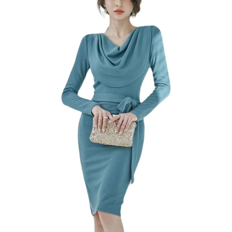

2021 spring new Korean style temperament slim-fit lace-up mid-length knitted bottom skirt bag hip dress