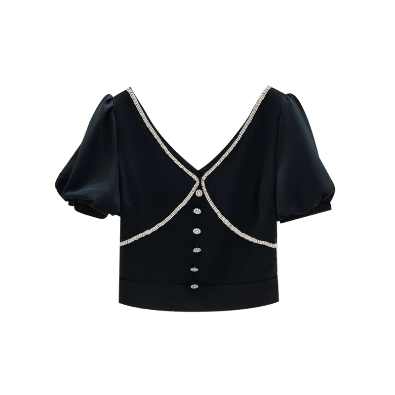 

Hot Diamond Short Chiffon Shirt for Women 2021 Summer New Slim Fit Puff Sleeve V-neck T-shirt Female Crop Tops Blusas Mujer Tide