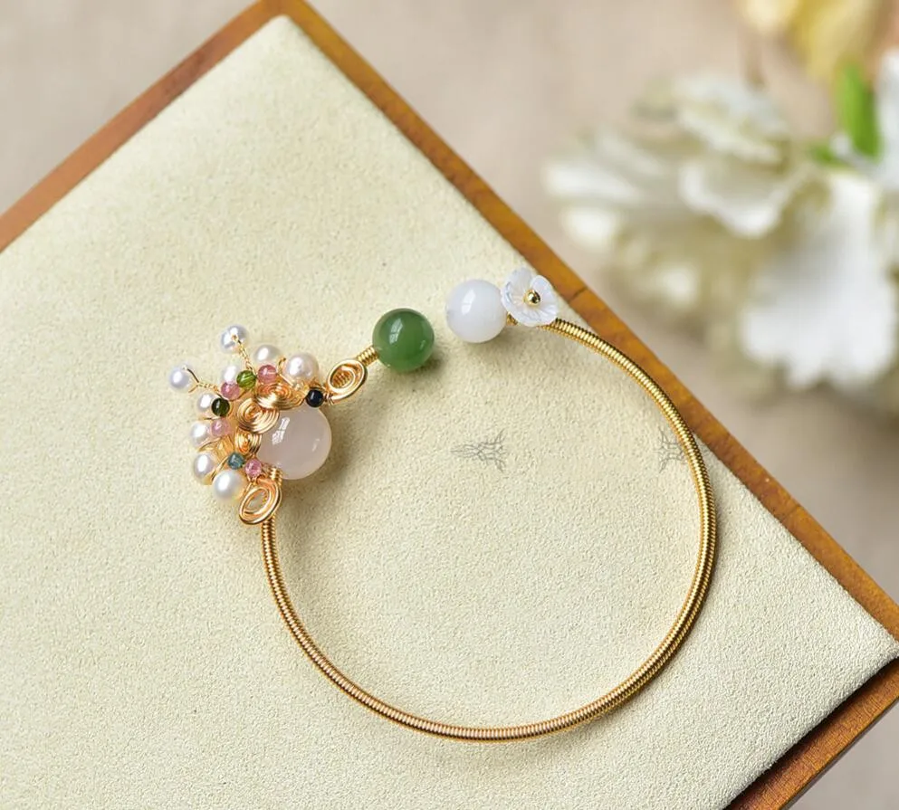 Natural Large Grain Hetian Jade Jasper Pearl Tourmaline Bracelet